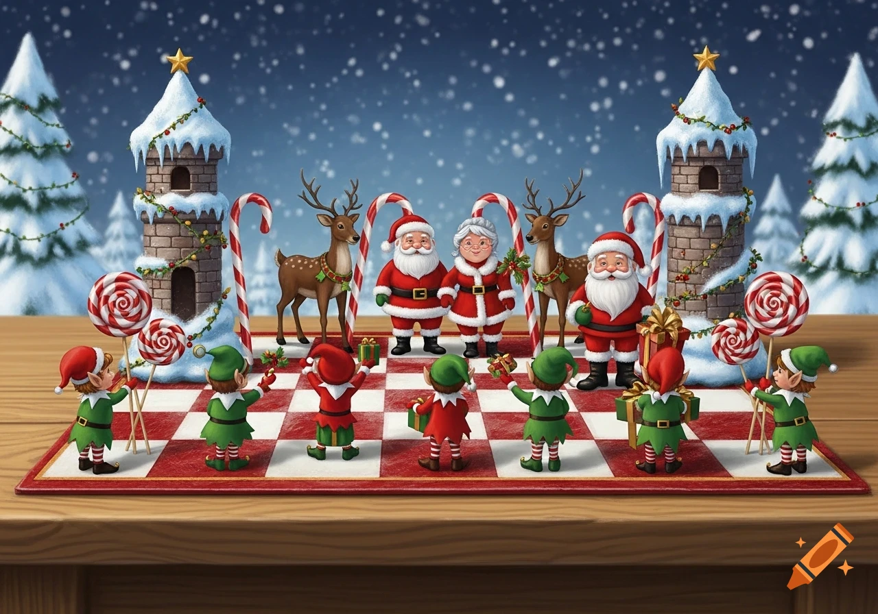 A festive scene featuring Santa, Mrs. Claus, elves, reindeer, candy canes, and snowy towers on a red and white chessboard.