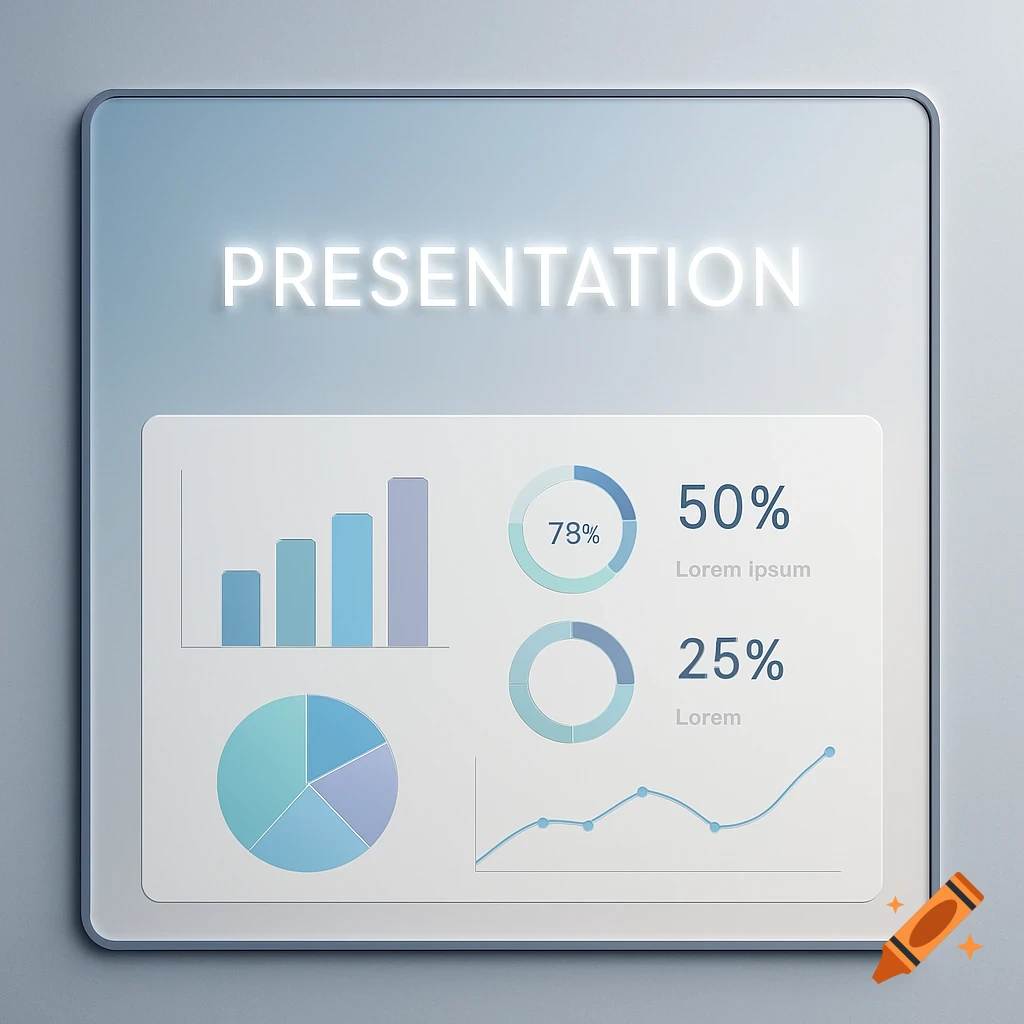 A clean, modern digital presentation slide with a prominent 'PRESENTATION' title, bar charts, pie charts, and a line graph.