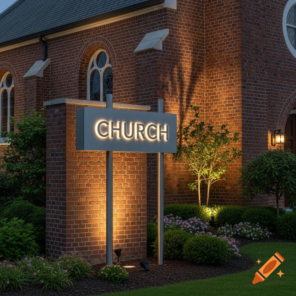 An illuminated church sign on two poles in front of a brick building at night, surrounded by landscaping.