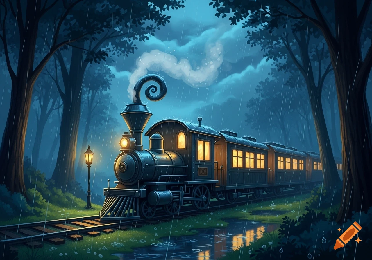 A stylized train travels through a dark, rainy forest at night, its windows and headlight glowing warmly.