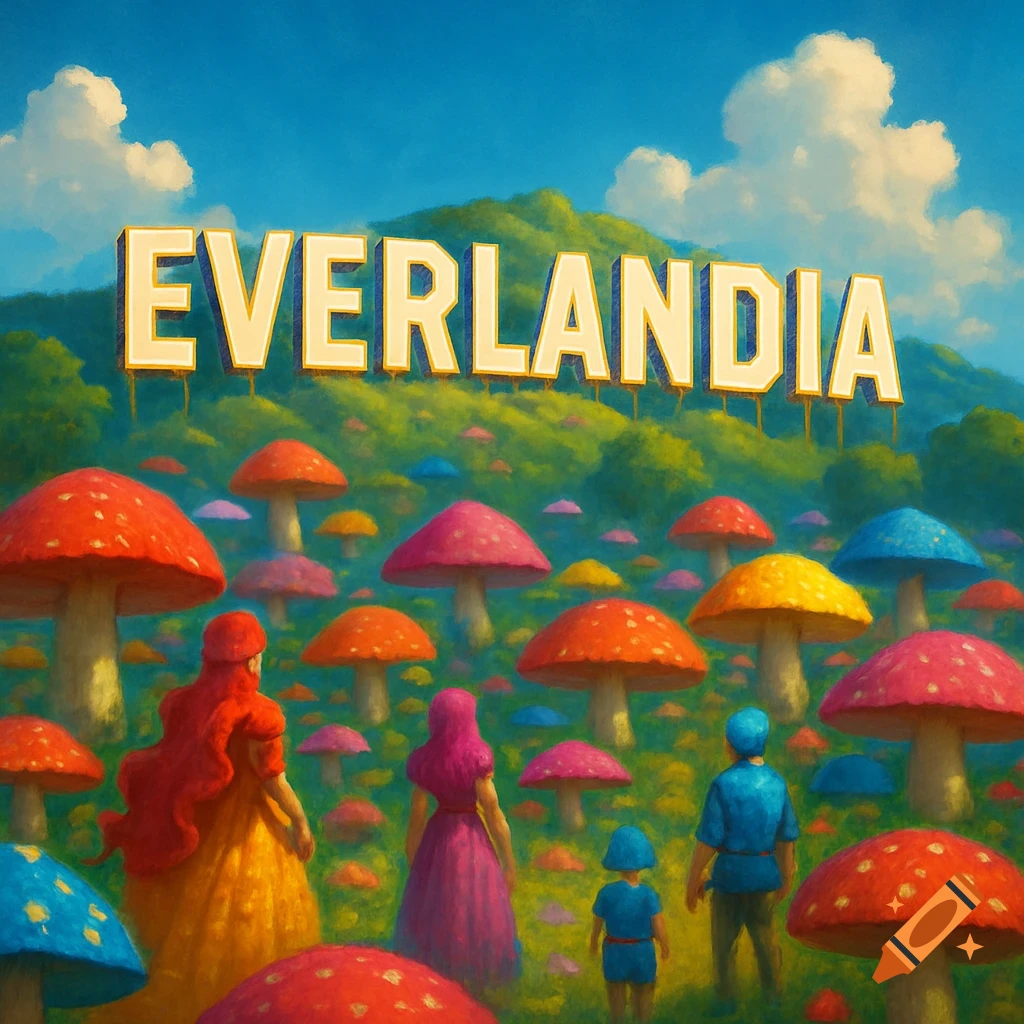 Vibrant fantasy landscape with a sign 'EVERLANDIA' over green hills. Colorful mushrooms and three stylized figures walking among them.