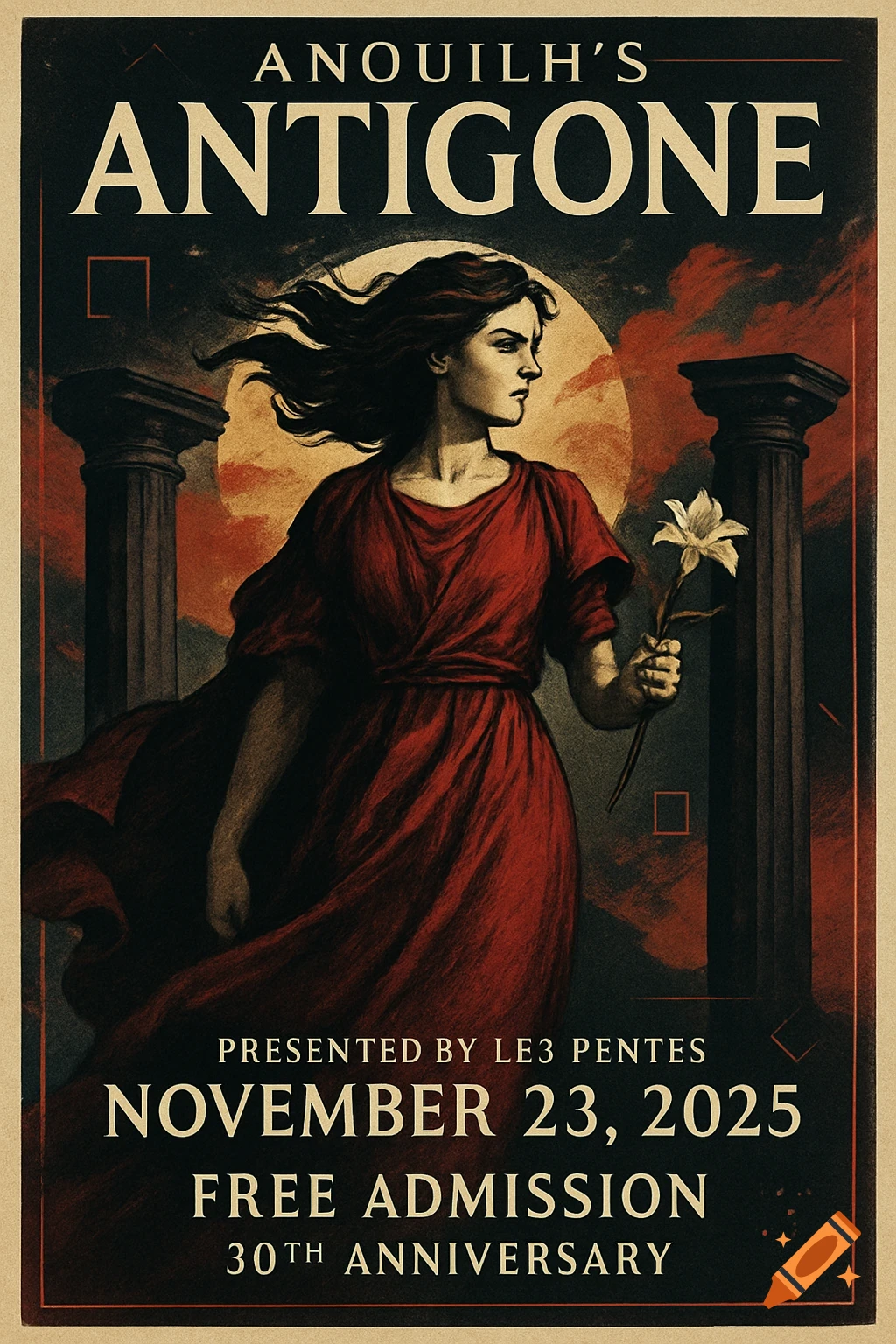 Vintage theatre poster for Anouilh's Antigone, featuring a woman in a red dress holding a lily, flanked by classical columns against a dark, stormy sky.