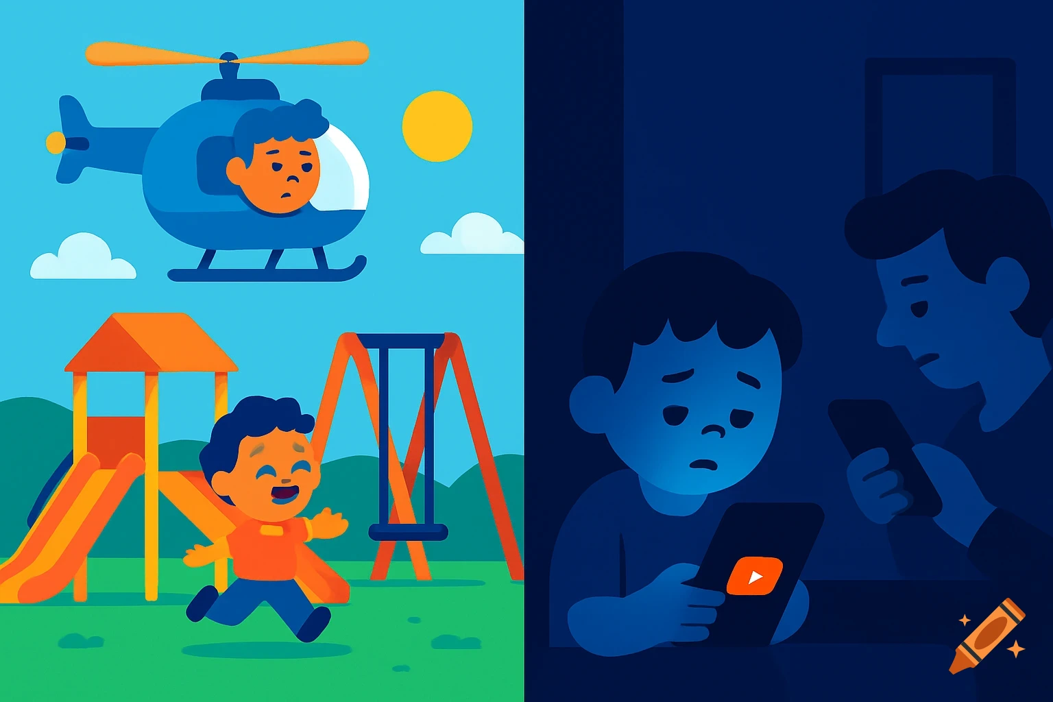A split illustration in Kurzgesagt style. Left: a happy child plays in a playground under a helicopter parent in a blue helicopter. Right: a sad child views YouTube on a phone in a dark room, while a distracted parent looks at their own phone.