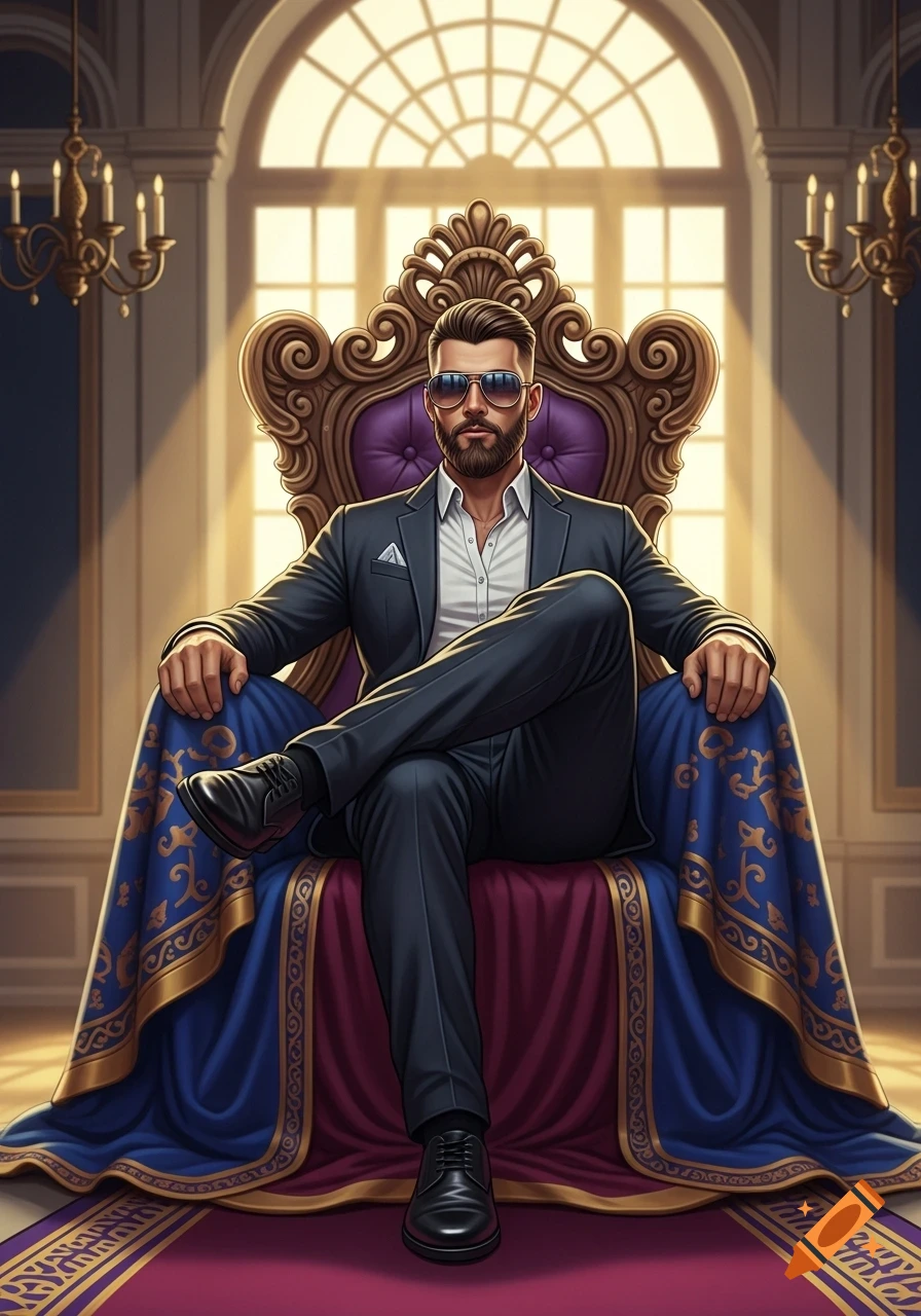 A man with a beard and sunglasses sits regally on an ornate purple and gold throne in a grand hall.