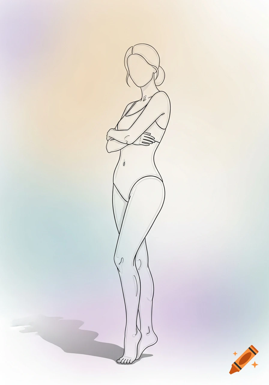 Minimalist line art illustration of a female body in a swimsuit with crossed arms against a pastel gradient background.