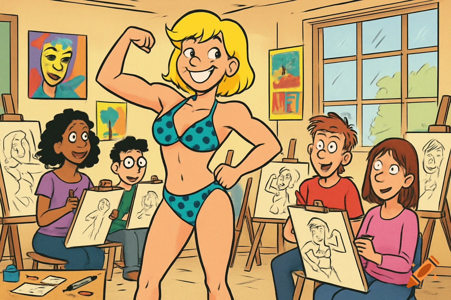 A cartoon blonde woman in a polka-dot bikini flexes her muscles as students draw her in an art class.