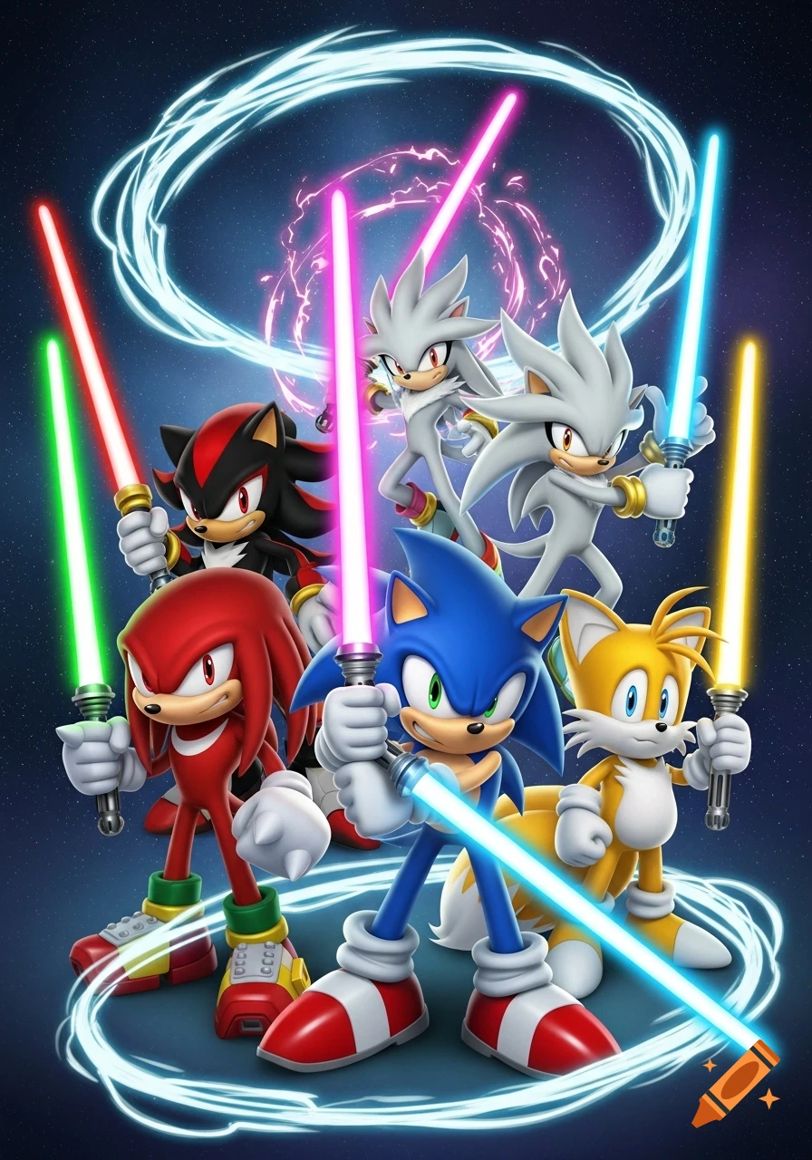 Sonic, Knuckles, Shadow, Silver, and Tails hold colorful lightsabers against a starry, cosmic background with light trails.