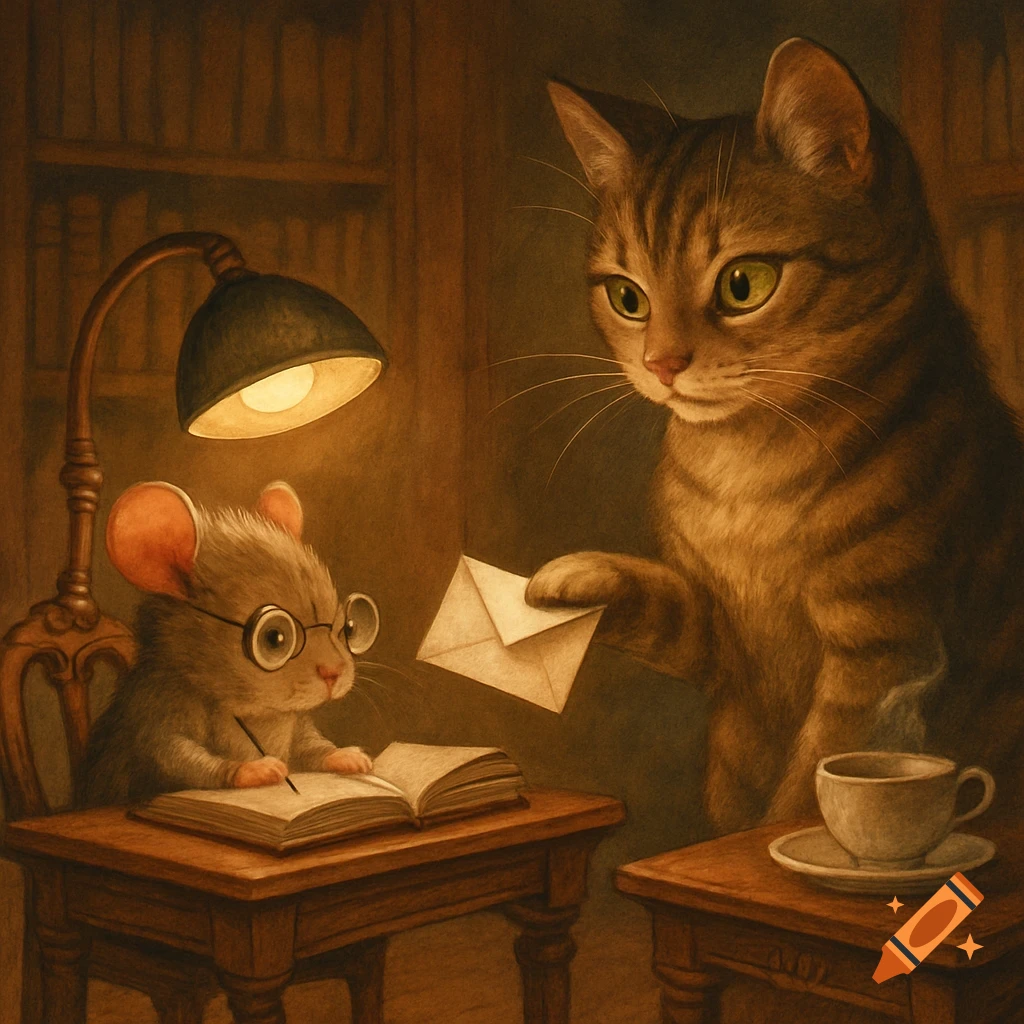 A mouse in glasses writes at a desk under a lamp, while a tabby cat offers an envelope. A cozy, painterly illustration.