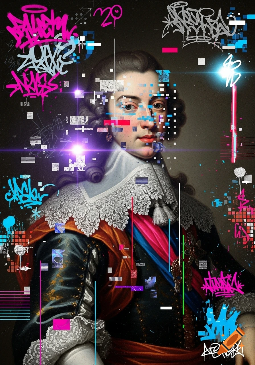 A classical portrait of a noble figure, digitally glitched with colorful pixelation, neon lights, and stylized pink and blue graffiti tags on a dark background.