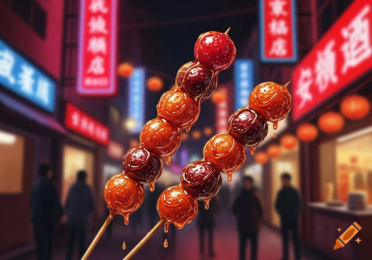 Two skewers of candied fruit with dripping syrup against a blurred, vibrant Asian street market at night.