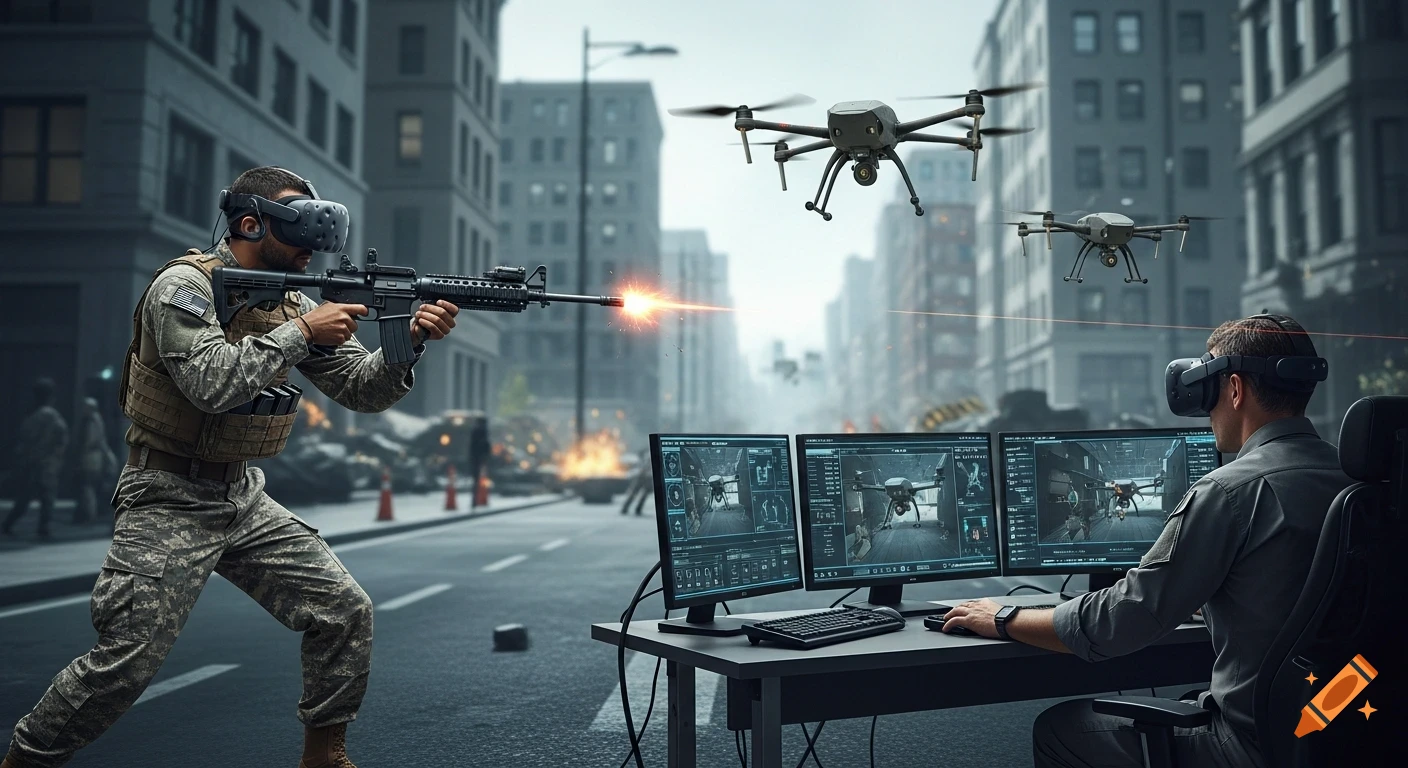 A soldier in VR gear shoots at drones in an urban simulation while an instructor monitors on multiple screens.