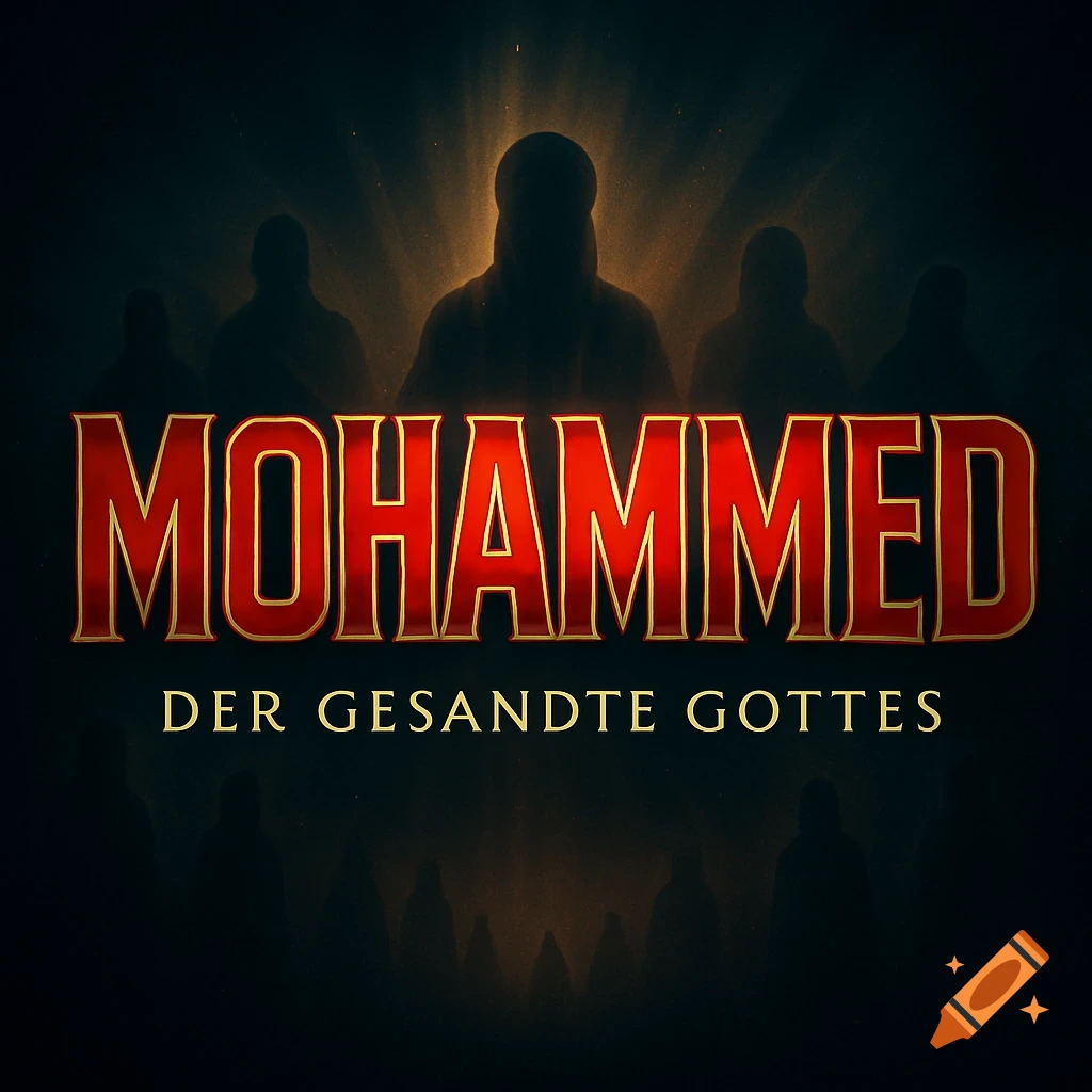 A dramatic, cinematic logo with red and gold text 'MOHAMMED' over 'DER GESANDTE GOTTES', set against dark silhouettes and glowing light rays.