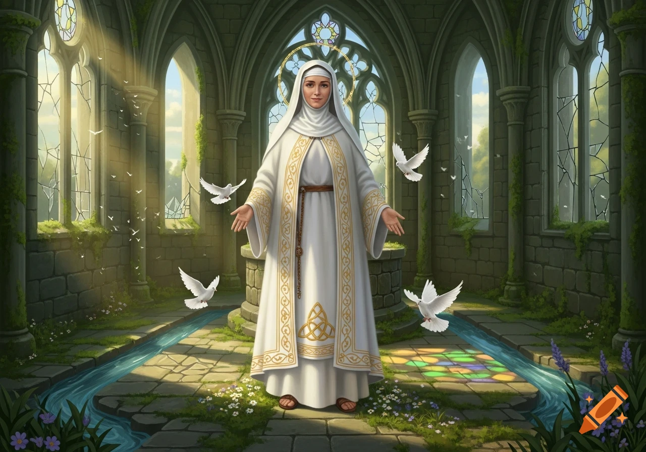 A nun-like figure with a halo and doves stands in a ruined gothic cathedral, bathed in sunlight, in a fantasy art style.