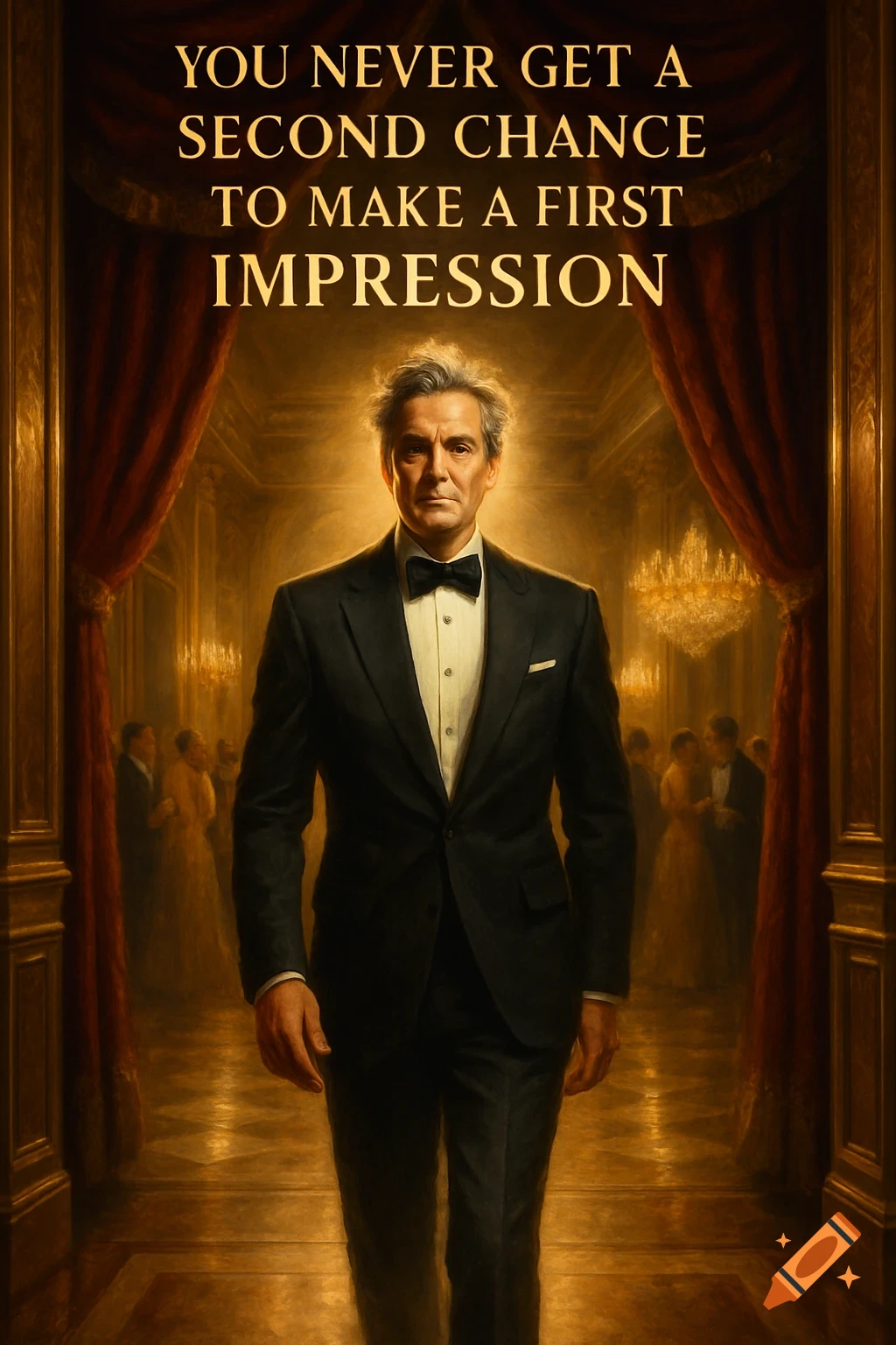 A serious man in a tuxedo stands in a grand, golden ballroom with the quote "You never get a second chance to make a first impression" above him.