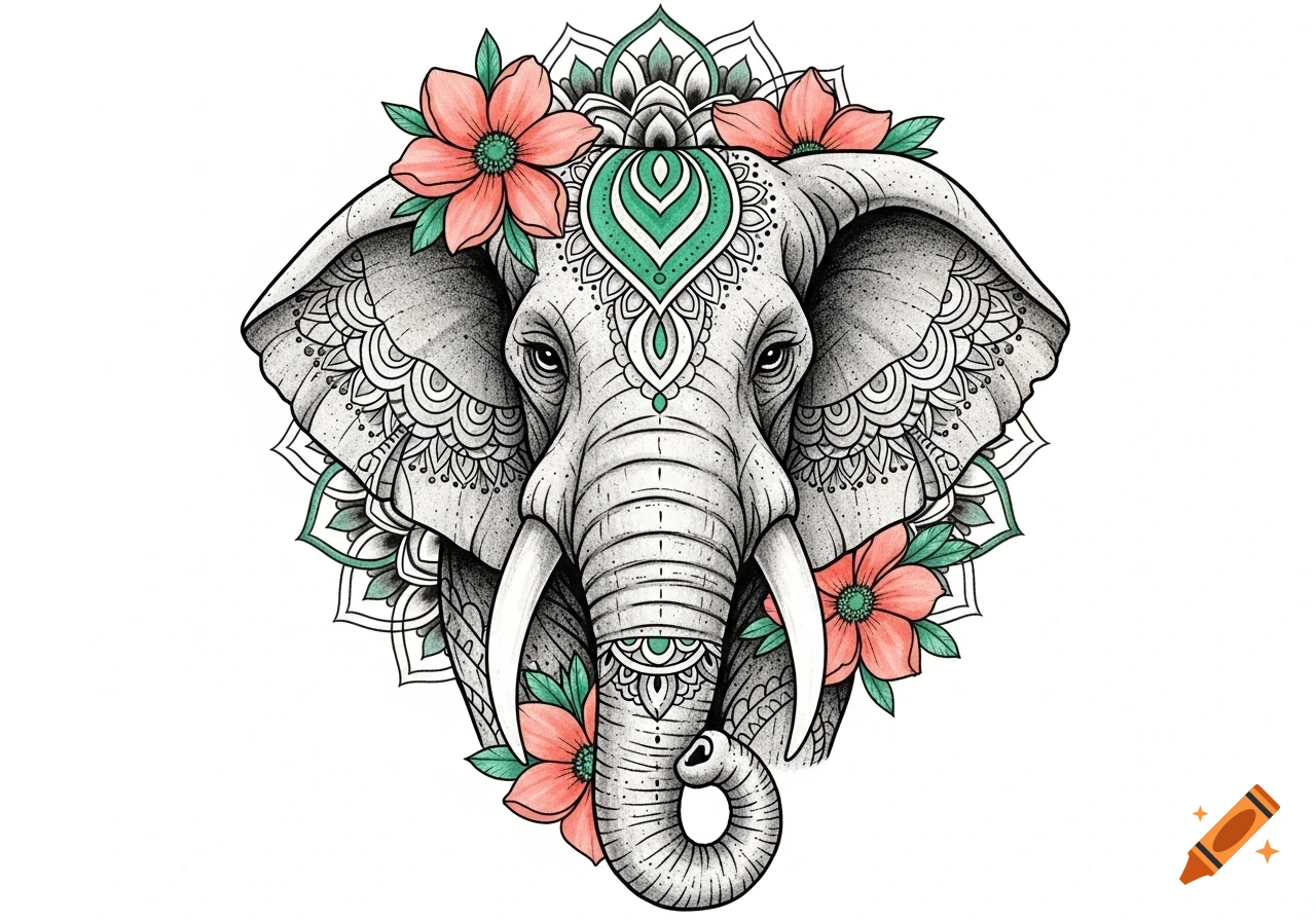 A detailed illustration of an elephant head adorned with intricate mandala patterns, vibrant pink flowers, and green leaves on a white background.