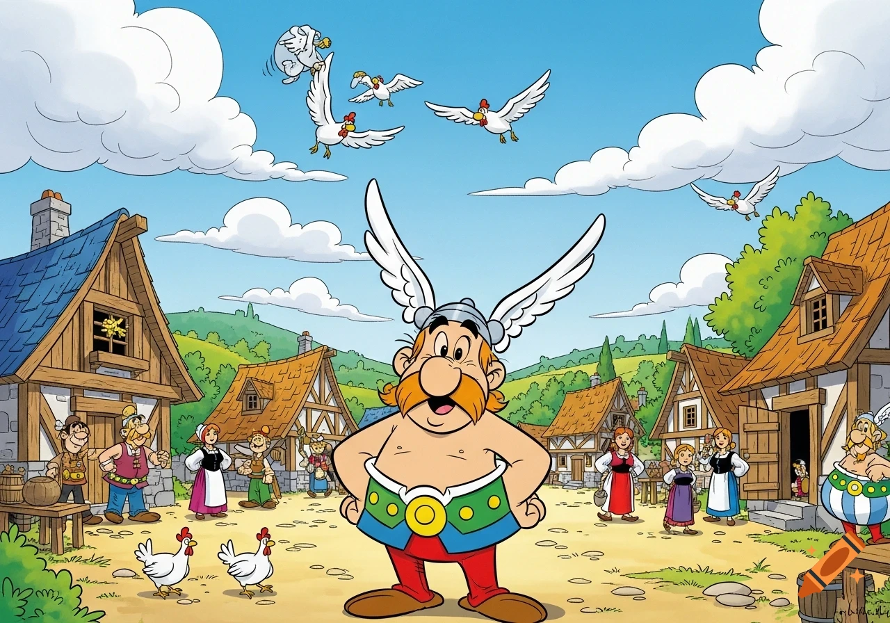 A vibrant cartoon depicts Asterix, with a winged helmet and red pants, standing in a lively Gaulish village among villagers and flying chickens under a blue sky.