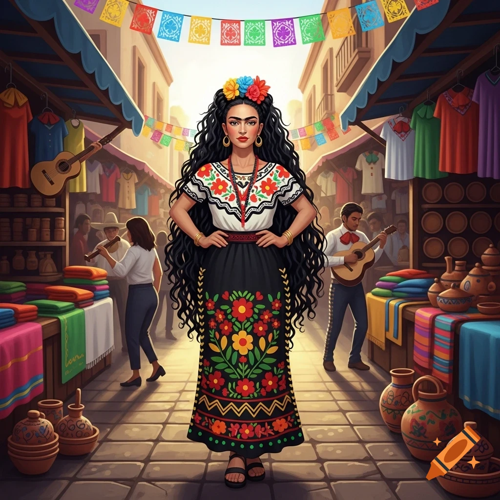 A vibrant illustration of a woman in traditional Mexican clothing and flower crown, resembling Frida Kahlo, standing in a lively market.
