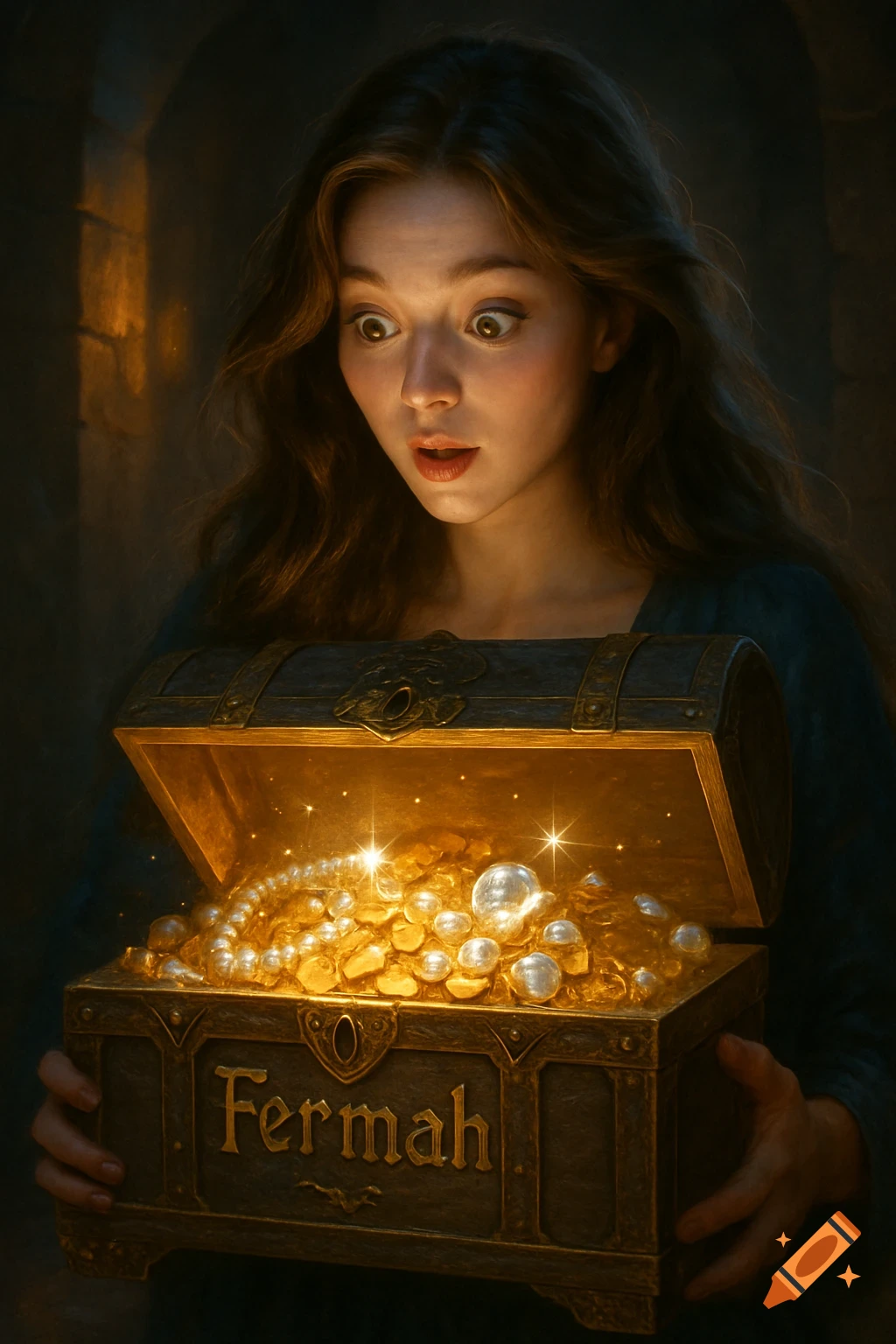 A young woman with wide eyes looks at an open, glowing treasure chest filled with gold and jewels, engraved with 'Fermah'.