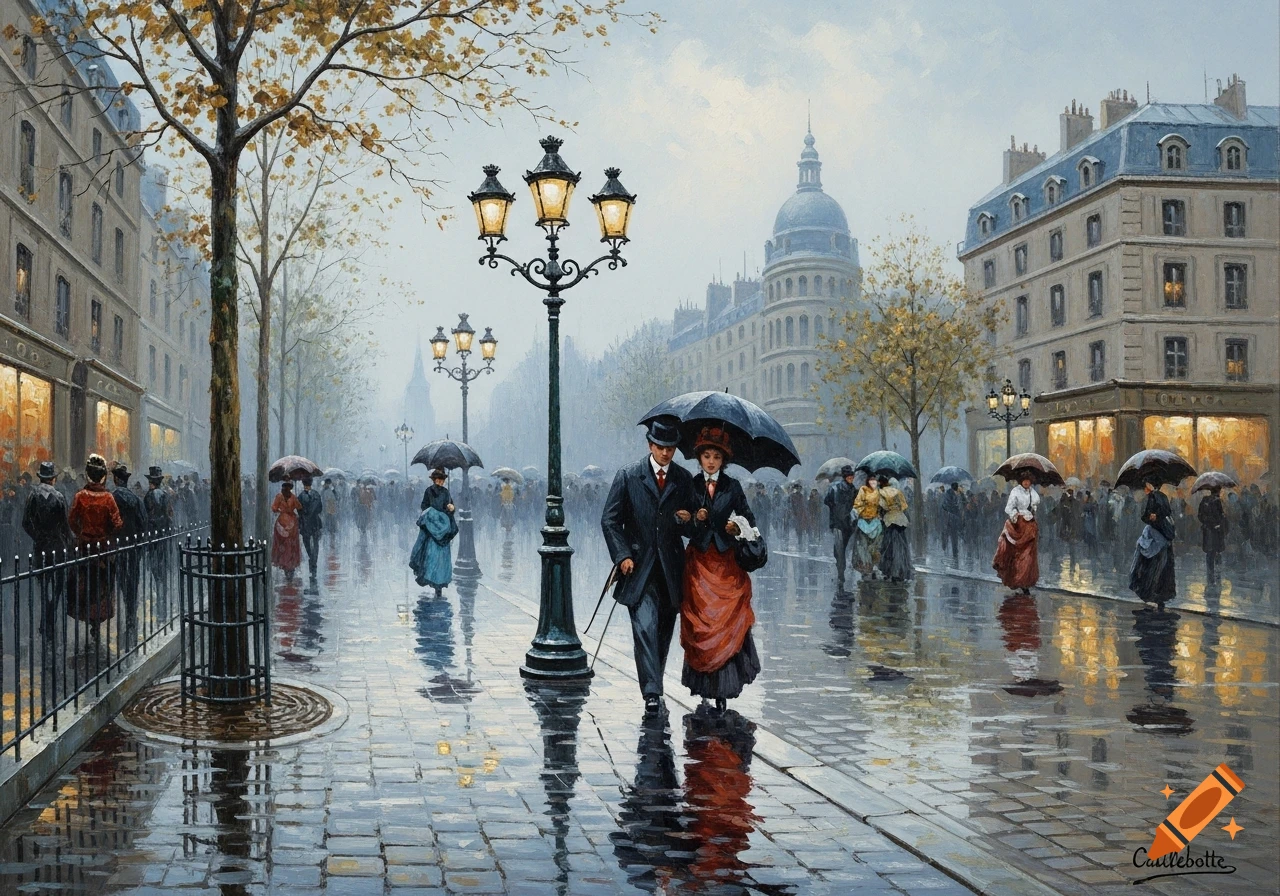 Painting of a rainy city street with people under umbrellas, reflections on wet cobblestones, in the style of Caillebotte.