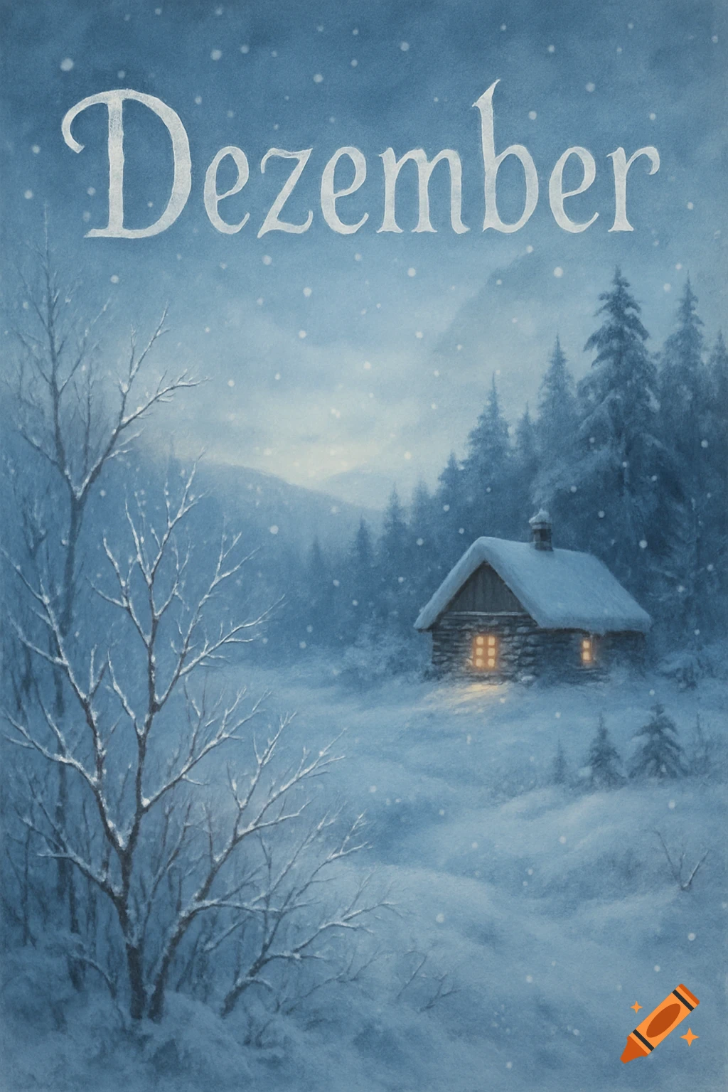 A snowy winter landscape with a cozy cabin lit from within, bare trees in the foreground, and 'Dezember' written at the top.