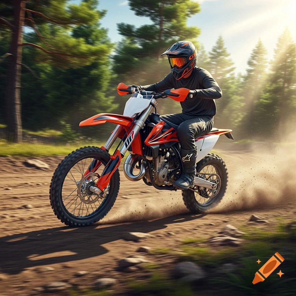 A person in full gear rides an orange and white dirt bike on a dusty forest trail, kicking up dirt as sun shines through trees.
