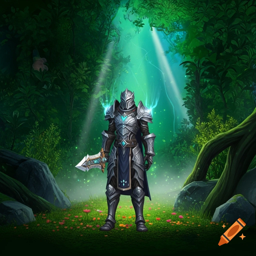 A stylized armored warrior with glowing blue accents and a sword stands ...