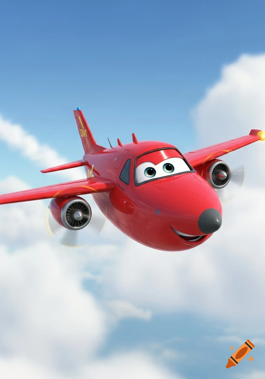 A 3D stylized red cartoon airplane character with big blue eyes and a wide smile, flying in a bright blue sky with white clouds.
