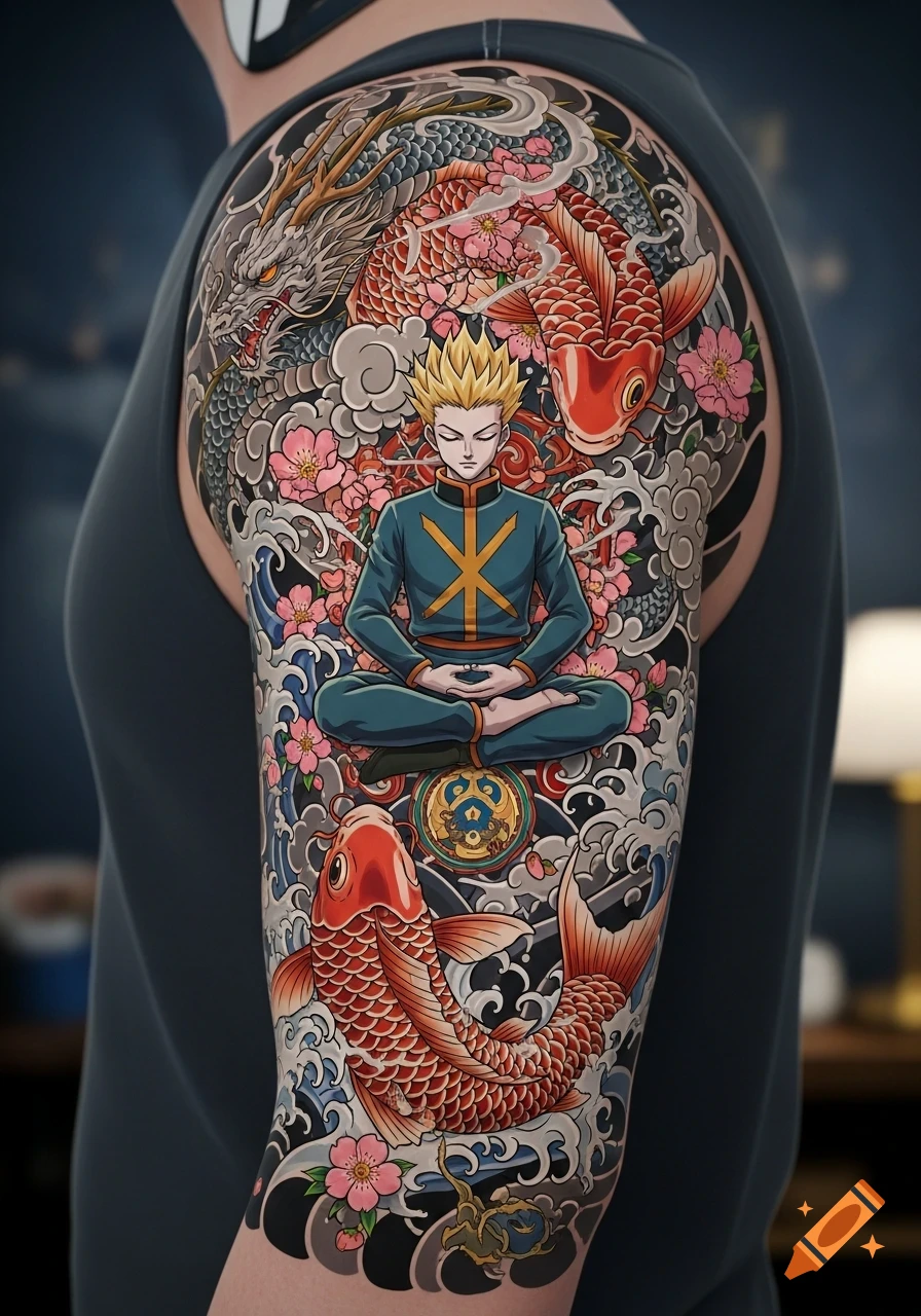 A detailed, vibrant Japanese irezumi sleeve tattoo featuring a meditating anime character, a dragon, two red koi fish, cherry blossoms, and waves.