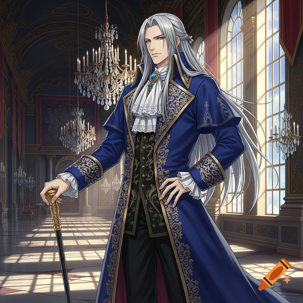 Anime style noble man with long silver hair in a blue baroque coat, holding a cane, in a grand palace hall.