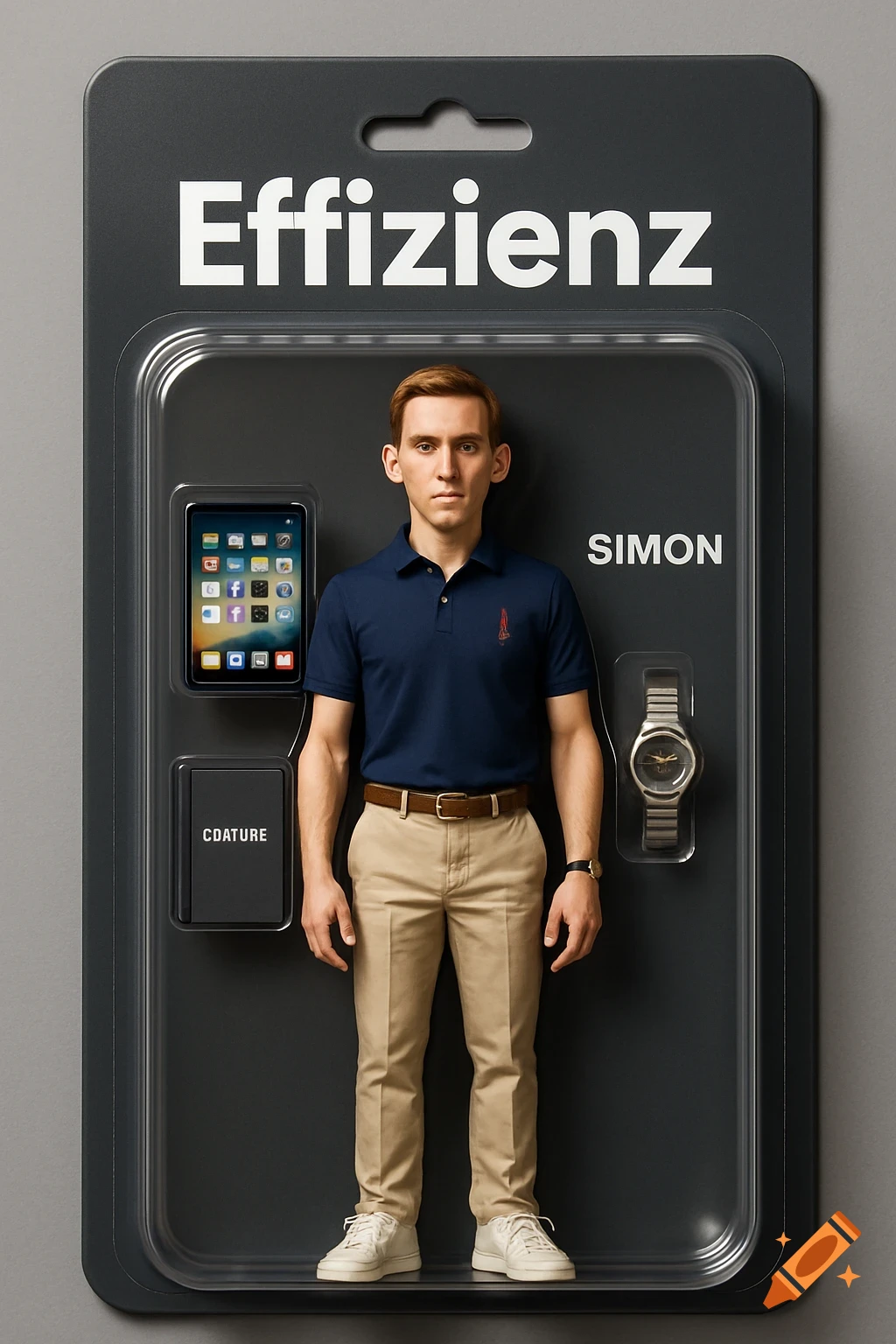 An action figure named Simon, resembling a man in a polo shirt and khakis, packaged in modern plastic blister packaging. Text on the package reads "Effizienz" and "SIMON." Accessories include a tablet, a watch, and a notebook.