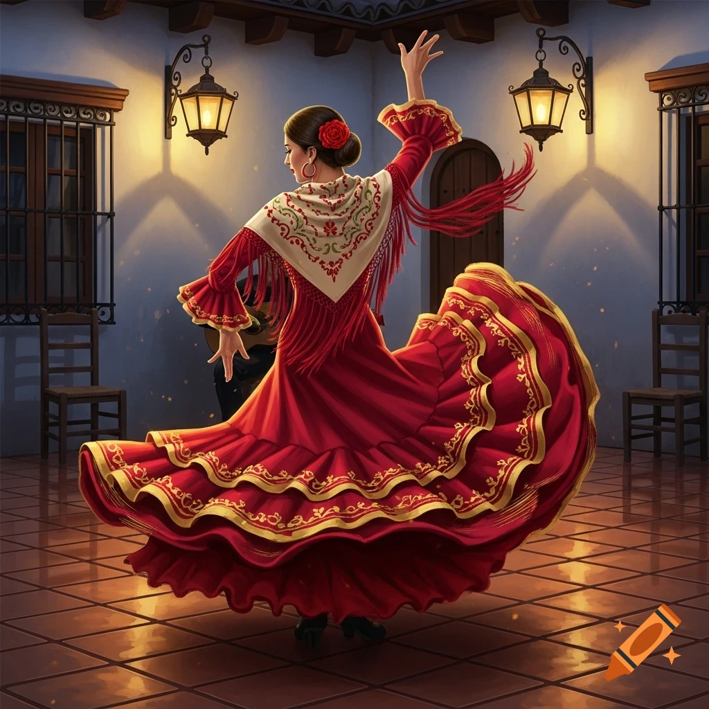 A Spanish flamenco dancer in a flowing red and gold dress with a white shawl dances in a warmly lit courtyard.