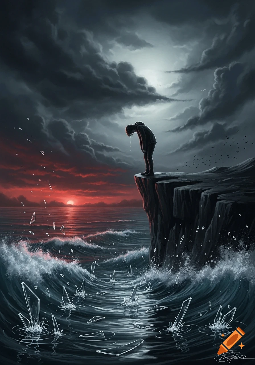 A distressed figure stands on a dark cliff overlooking a turbulent ocean with broken glass shards under a stormy, red-skied sunset.