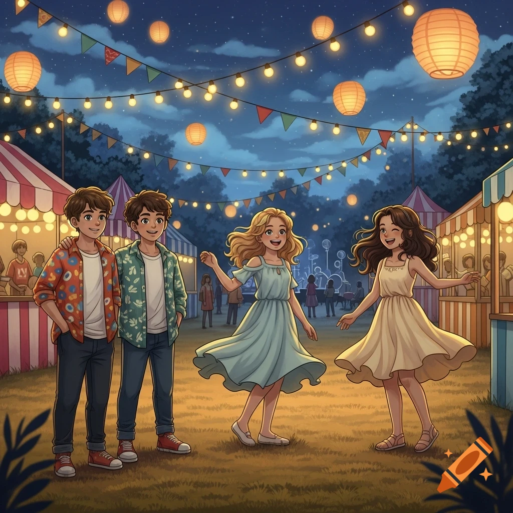 Two boys and two girls smiling and walking at a festive night fair with lanterns and string lights, in an illustrative style.
