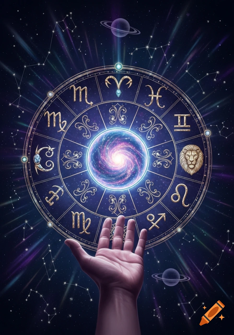 A hand reaches towards a glowing cosmic zodiac wheel surrounded by constellations and planets in a vibrant purple and blue space scene.
