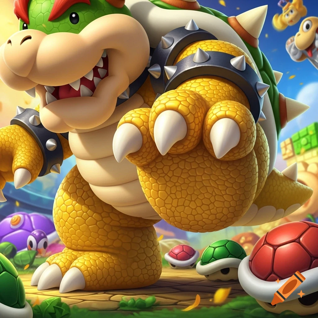 Close-up of a large, green-shelled Bowser with spiked armbands, snarling and reaching forward, with various Koopa Troopa shells on the ground.