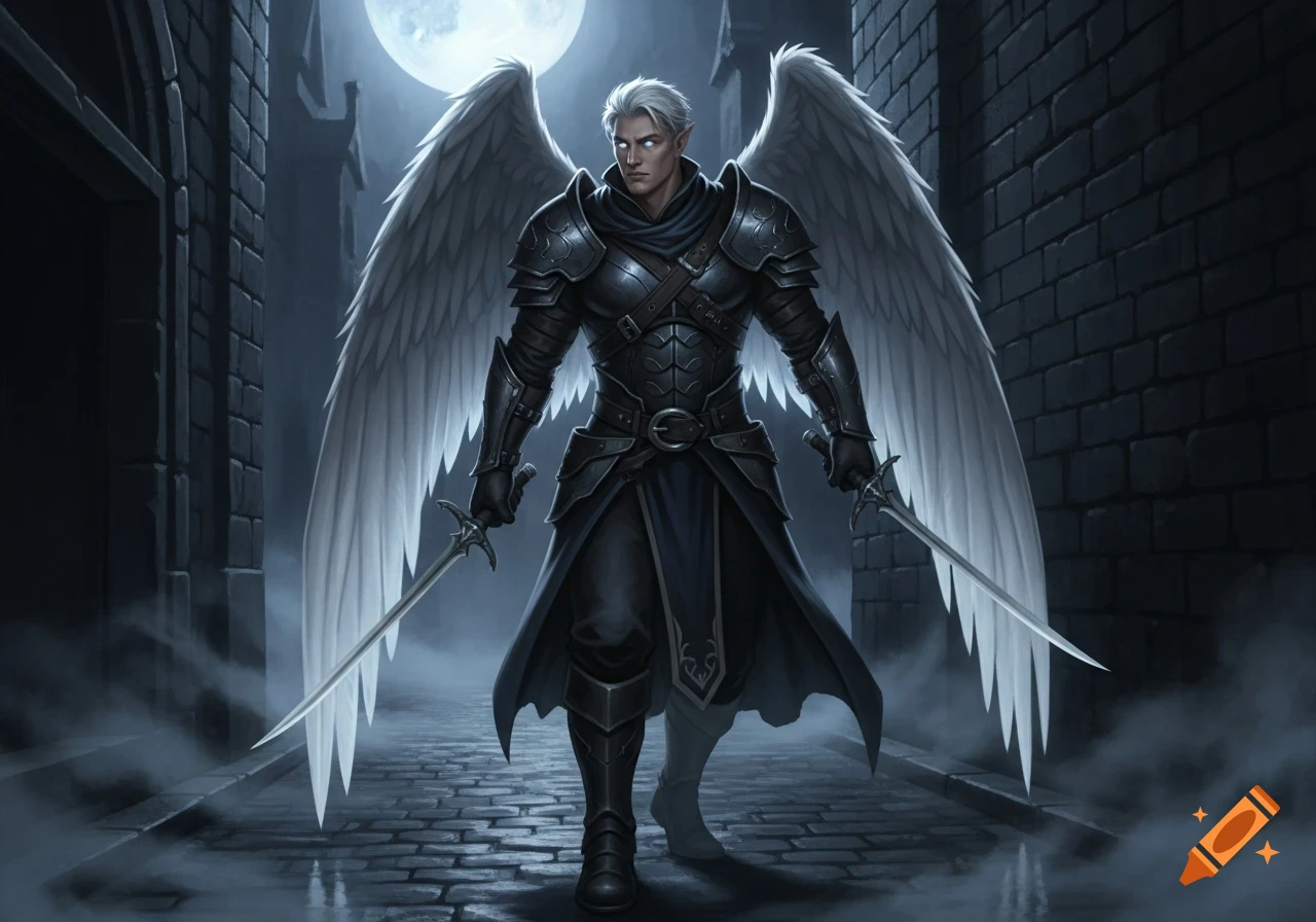 A fantasy male character with white hair and large white wings, clad in dark armor, stands in a misty, moonlit alley holding two swords.