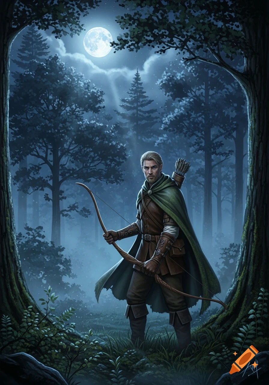 A male archer in a green cape and leather armor stands with a bow in a mystical moonlit forest.