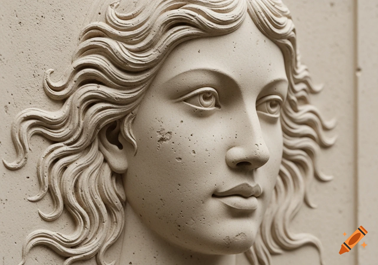 Detailed light beige stone bas-relief sculpture of a young person's profile with wavy hair and delicate features, showing age.