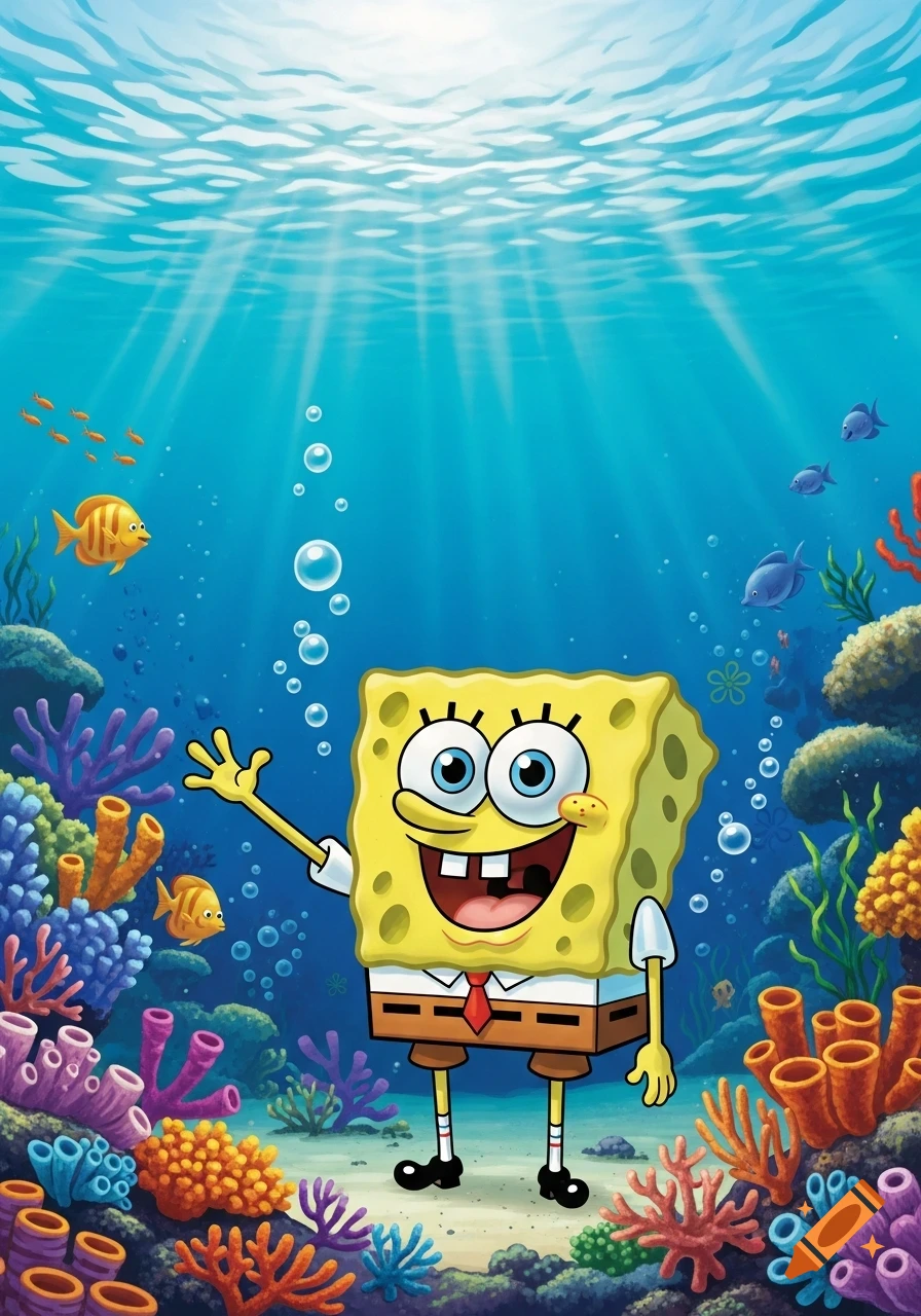 Spongebob Squarepants waves happily in a vibrant underwater scene with coral and fish.