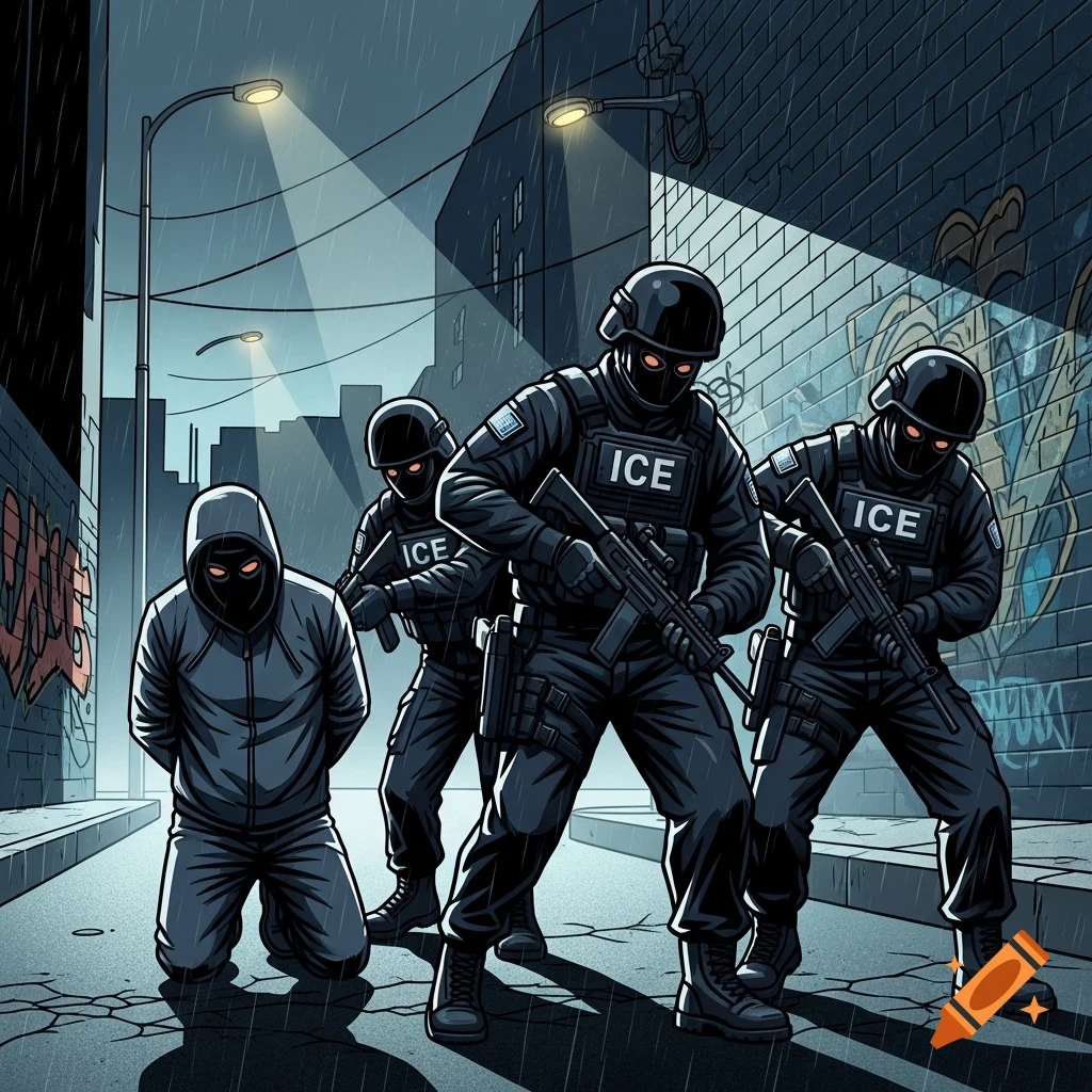 Stylized drawing of three masked ICE agents with rifles arresting a hooded, kneeling person in a rainy urban alley.