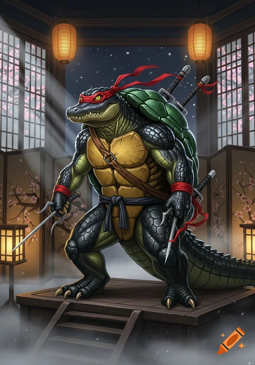 An anthropomorphic alligator-turtle mutant, wearing a red mask and holding sais, stands ready in a Japanese-style room with lanterns.