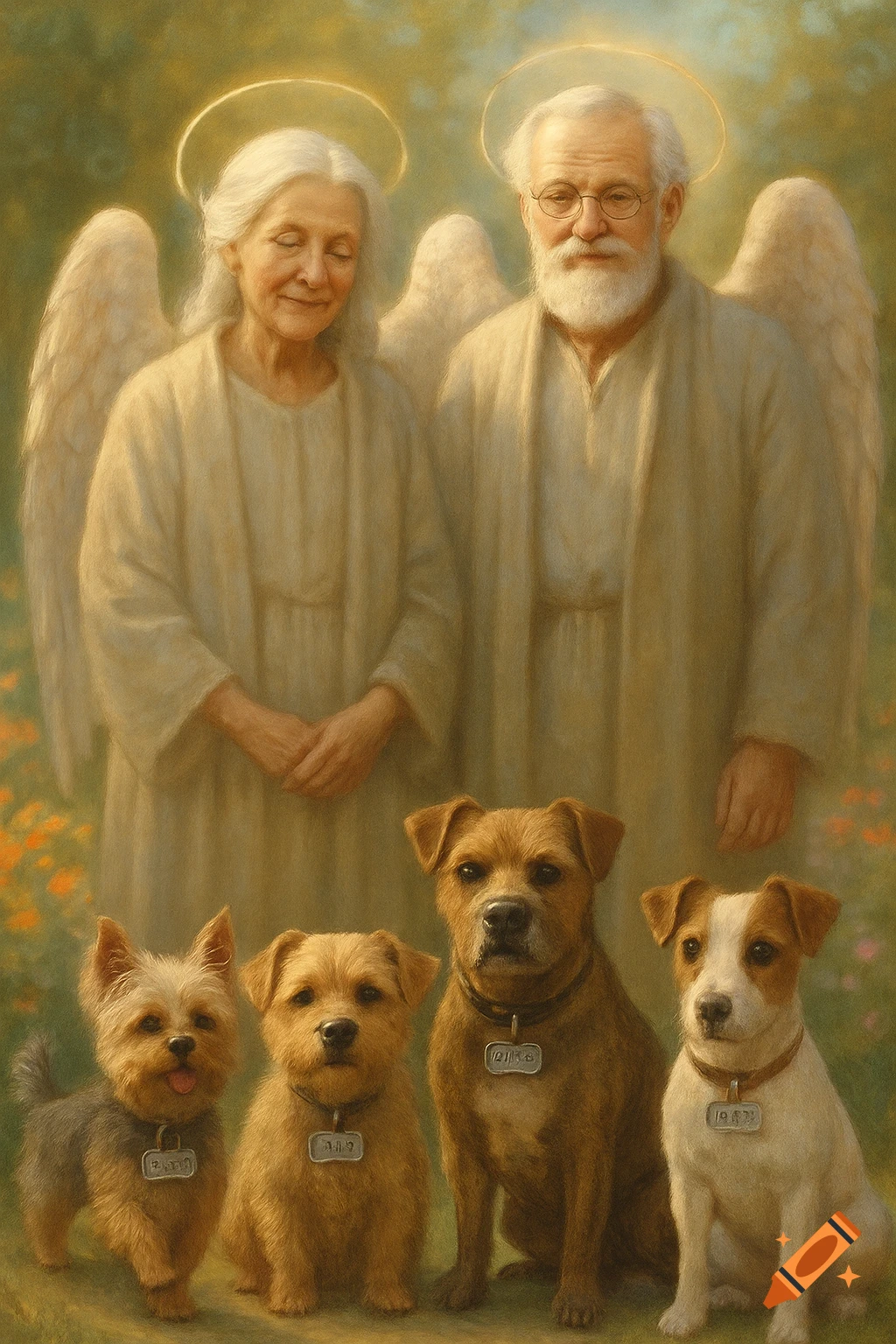 A painting of an elderly man and woman with halos and wings, standing behind four dogs with name tags, in a garden.