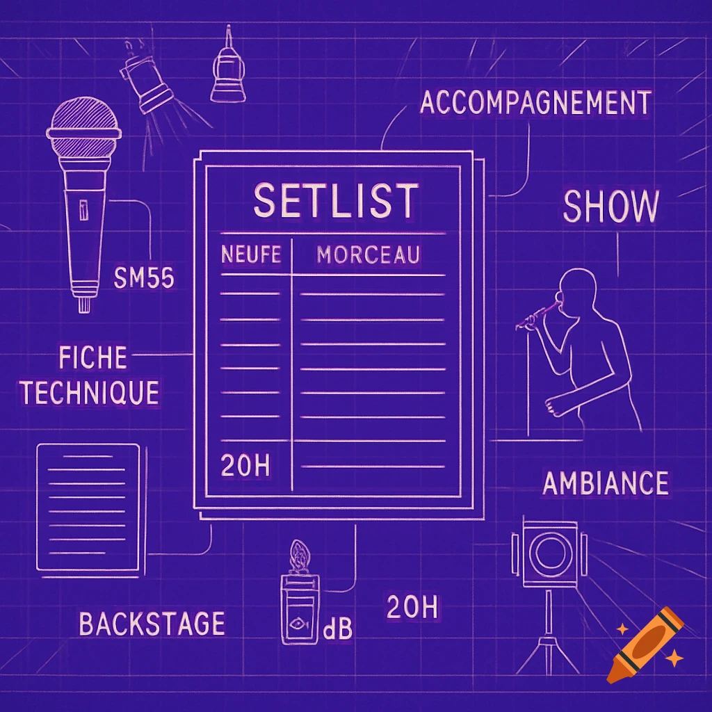 A blueprint-style diagram on a purple grid background, outlining elements of a live show including a setlist, microphone, stage lighting, and a silhouette of a singer. Text labels various components.