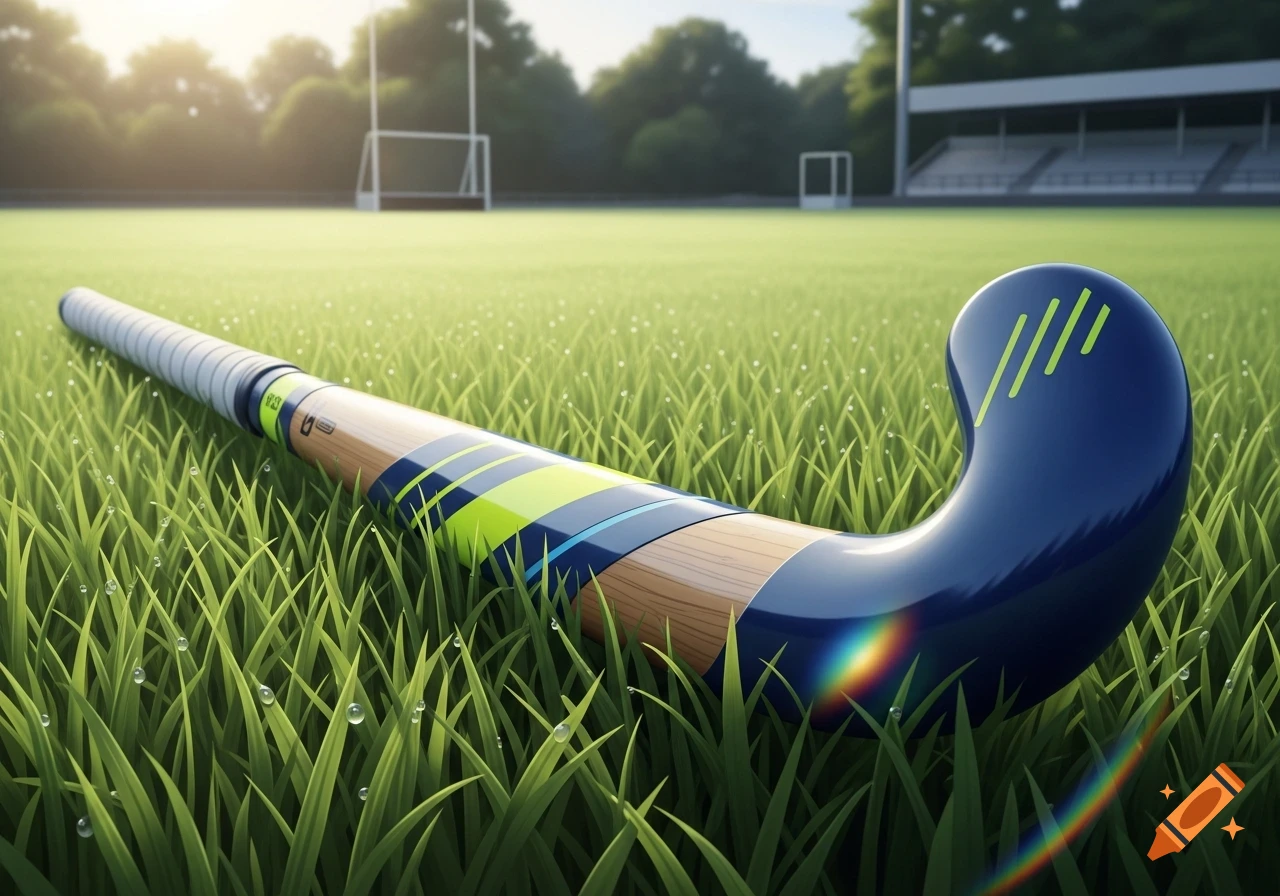 A close-up, photorealistic image of a field hockey stick lying on dew-covered green grass with goalposts in the sunny background.