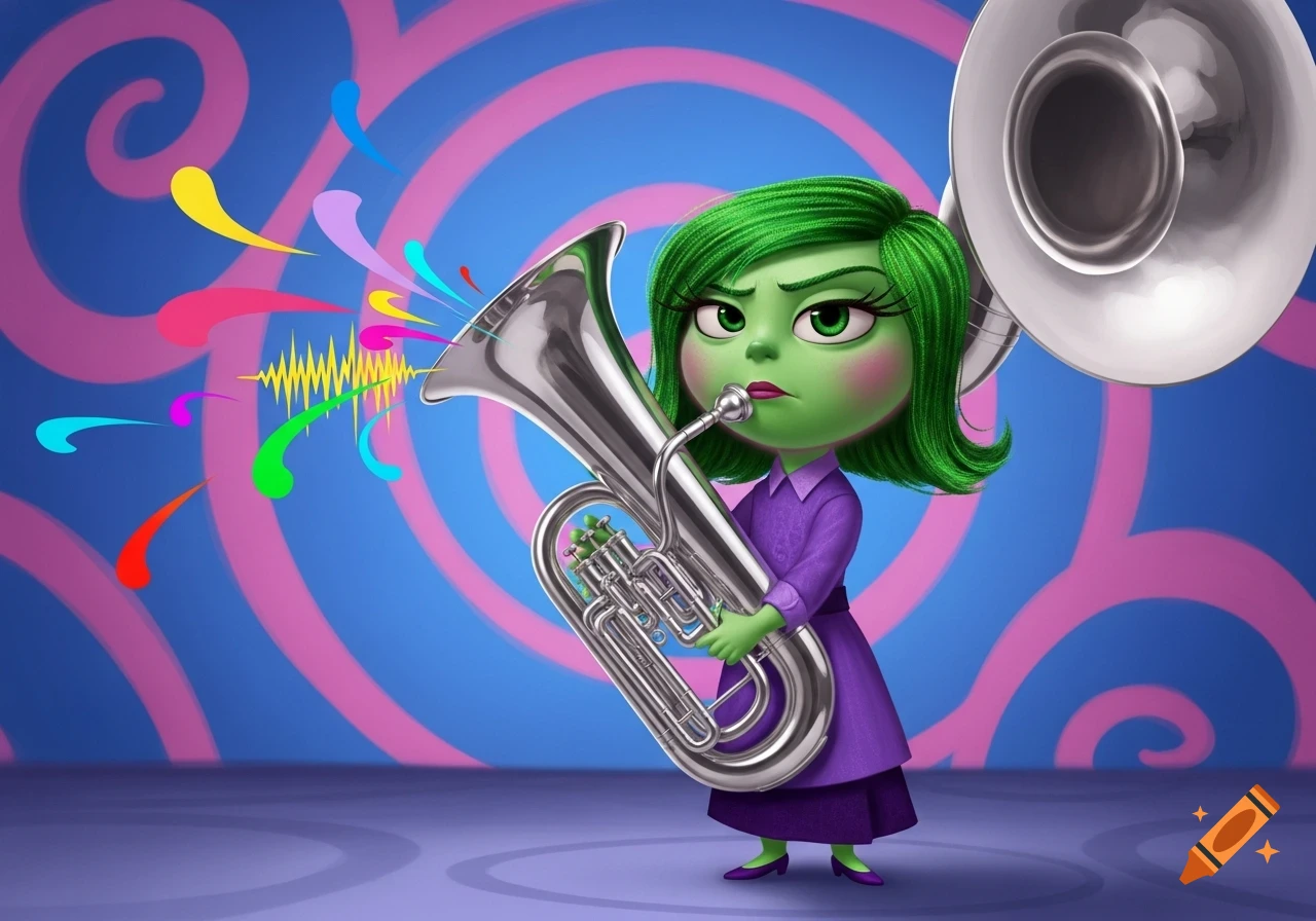 Disgust from Inside Out, a green-skinned character, playing a silver tuba against a blue and pink swirled background.