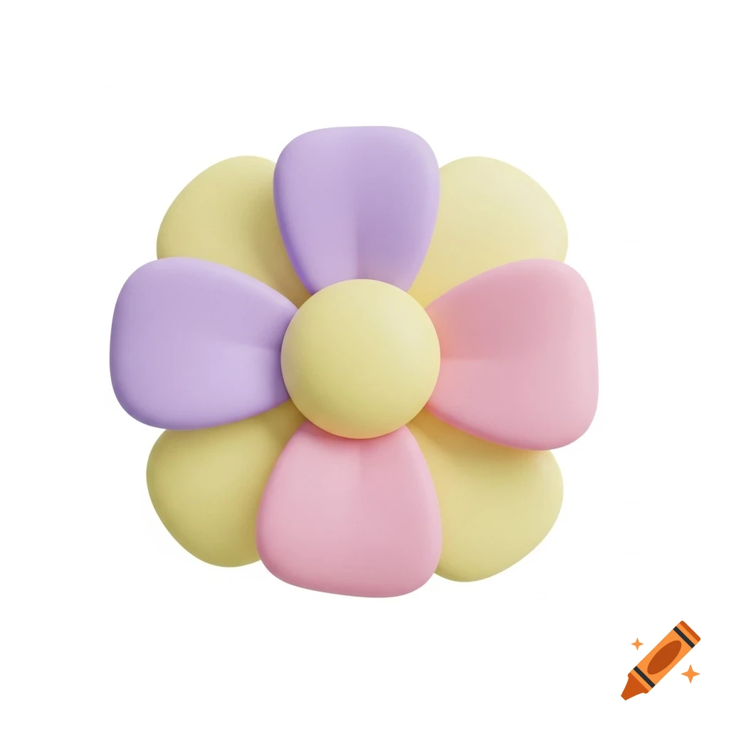 Stylized 3D rendered flower with pastel yellow, pink, and purple petals and a yellow center, against a white background.