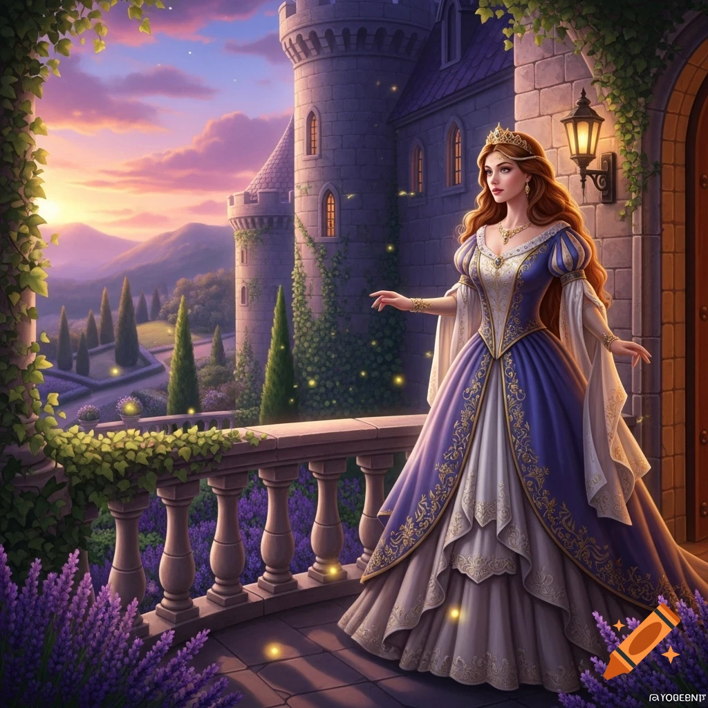 A princess in a blue and white gown stands on a castle balcony, overlooking a lavender garden at sunset.