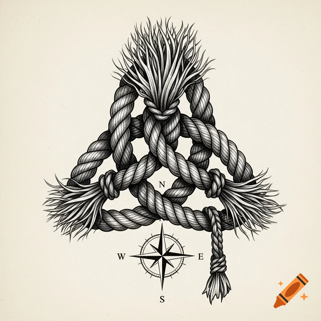 A monochromatic pencil sketch of an intricate Triquetra knot made of frayed rope, with a compass rose below it.