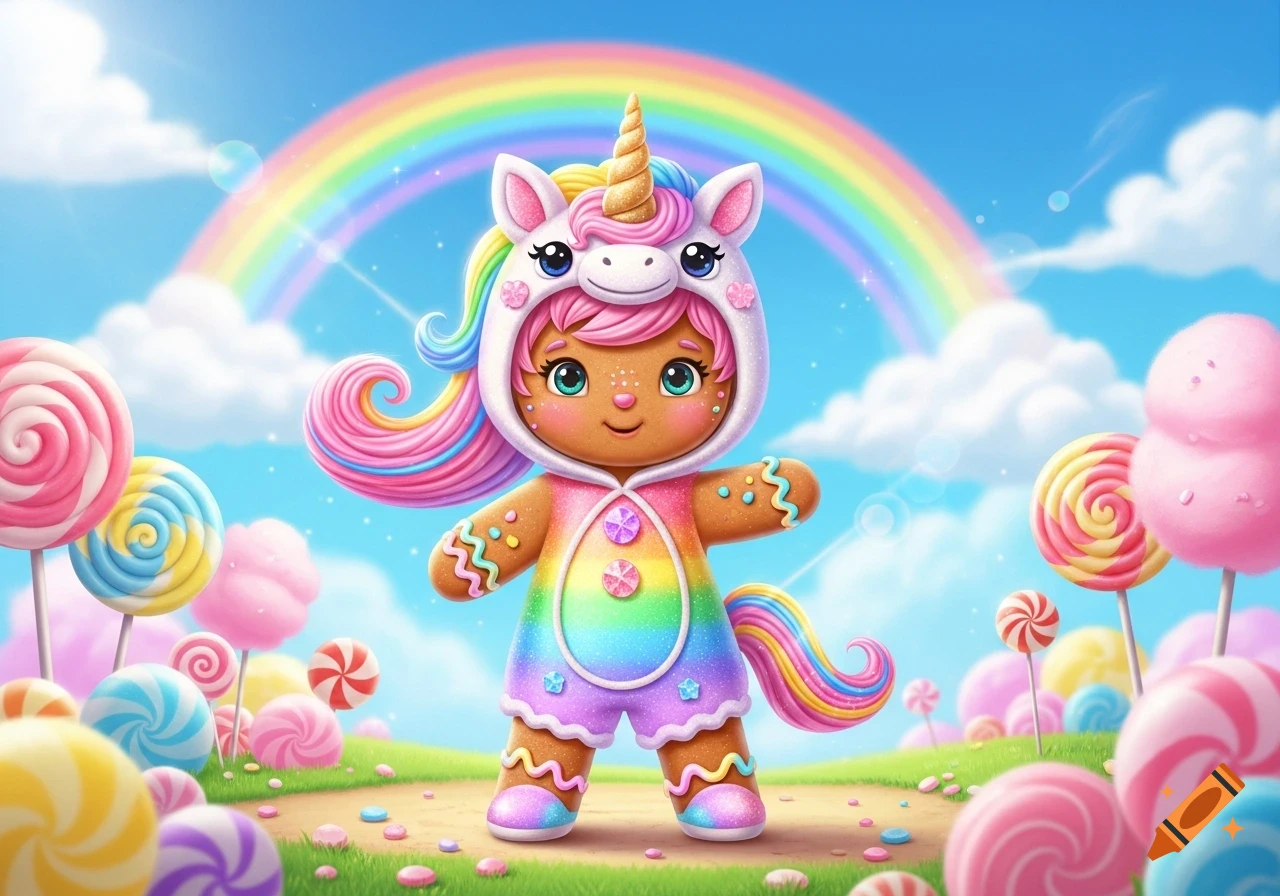 A cute gingerbread girl in a colorful unicorn costume stands in a vibrant candy landscape under a rainbow.