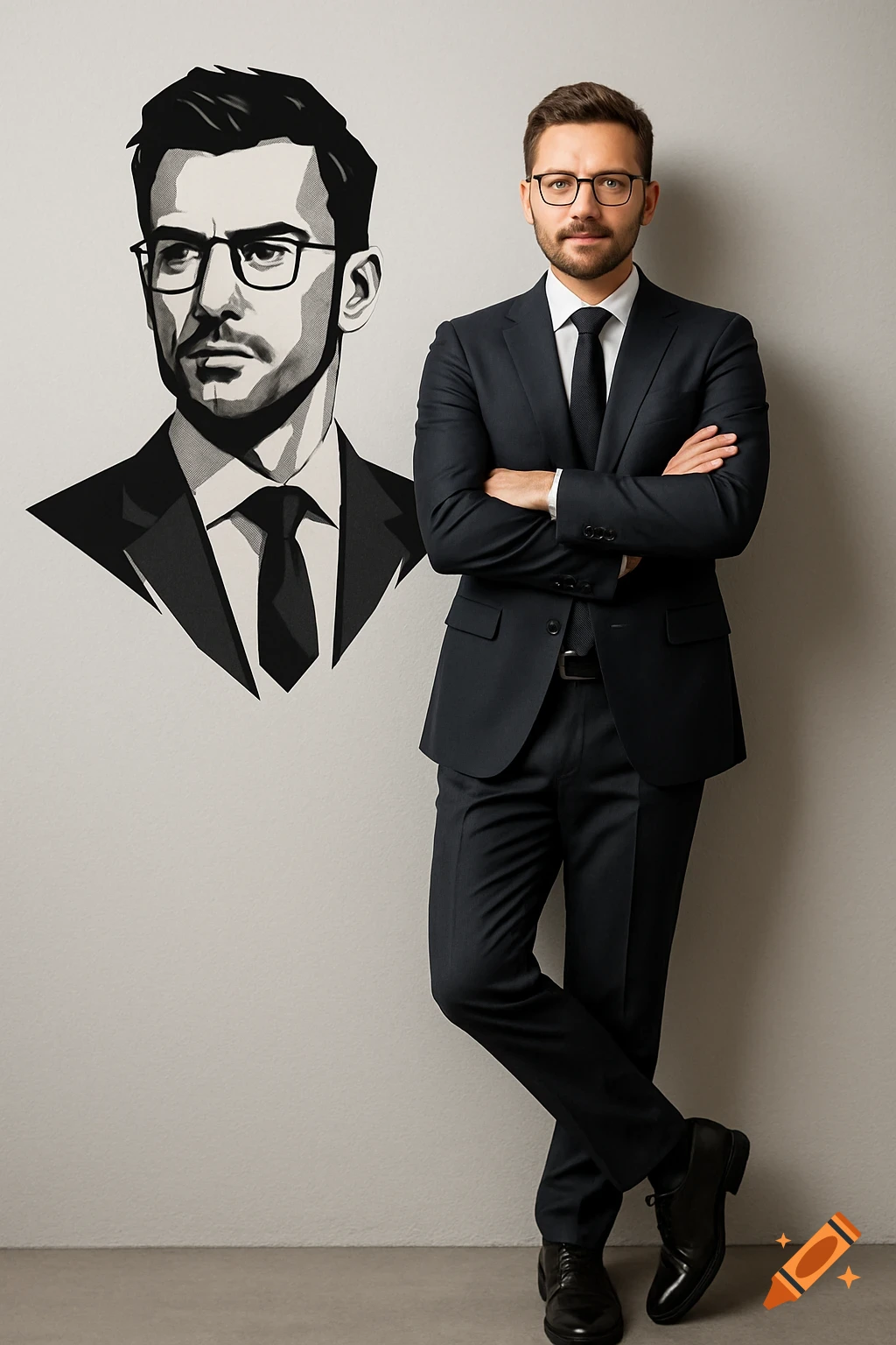 Photorealistic portrait of a man in a dark suit, glasses, and beard, leaning against a gray wall next to a stylized graphic portrait.